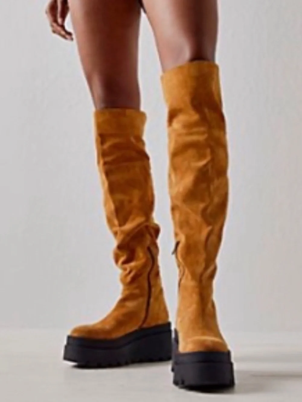 Free People Over-the-Knee Suede Platform Boots in Mustard